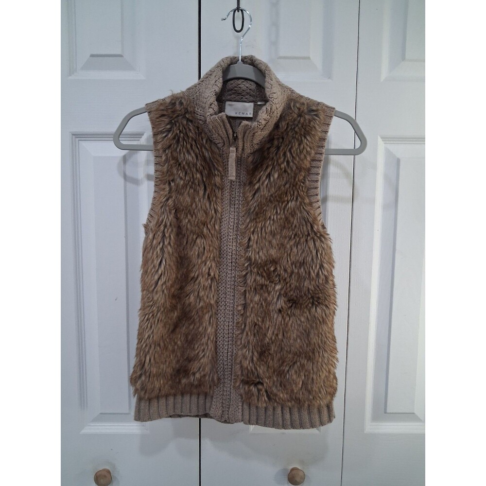 KENAR Faux Fur Sweater Vest Womens Brown Full Zip Cable Knit Boho Lagenlook Cozy